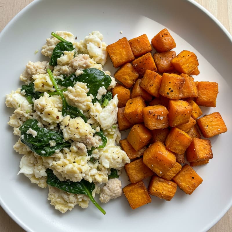 Egg White and Turkey Spinach Scramble with Roasted Sweet Potatoes