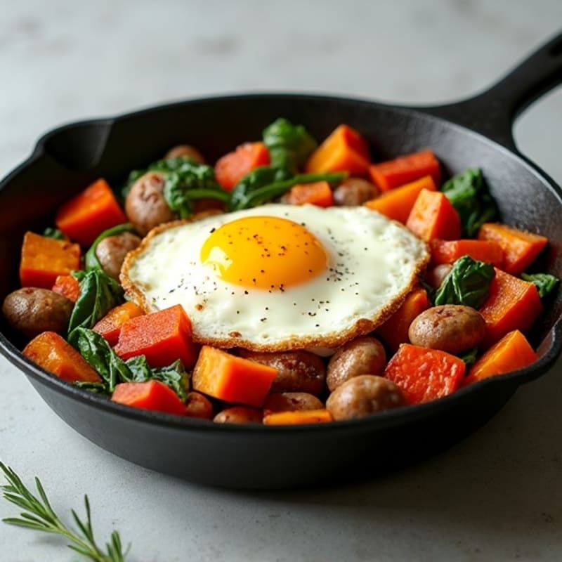 Turkey Sausage and Egg Skillet with Crispy Sweet Potatoes and Sautéed Veggies