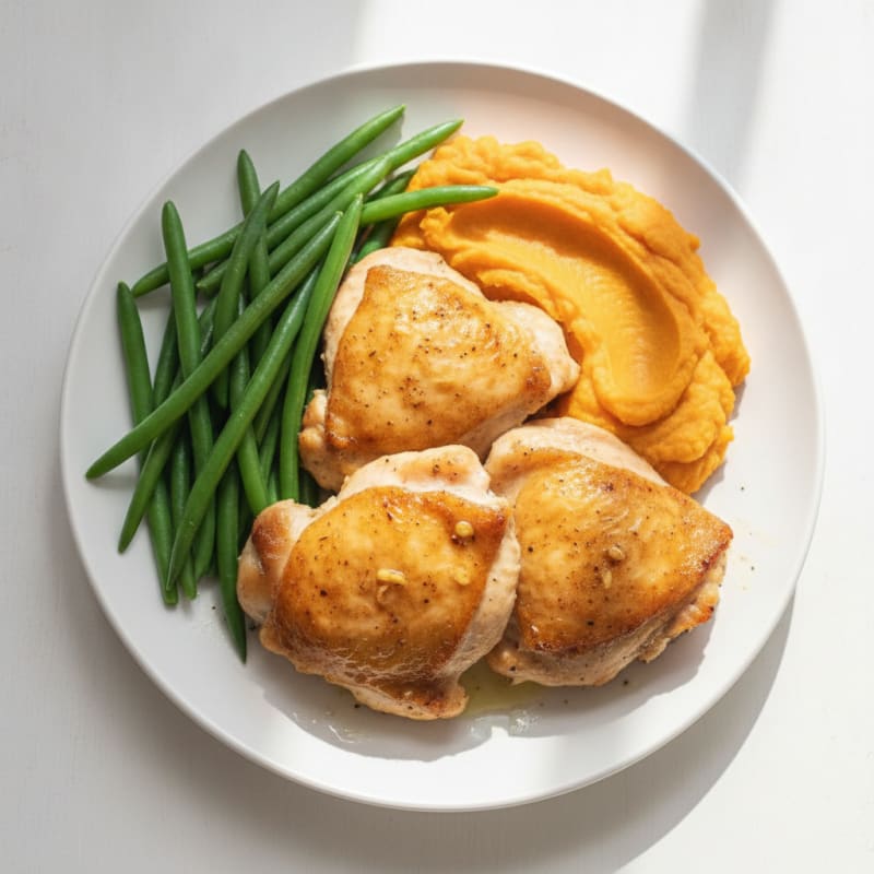 Baked Chicken Thighs with Steamed Green Beans and Sweet Potato Mash