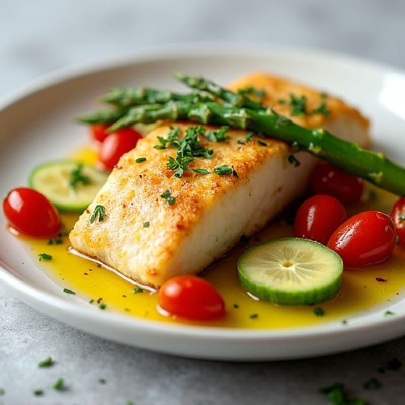 Flaky Baked Cod with Roasted Asparagus and Cherry Tomatoes