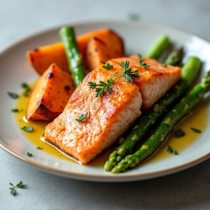 Seared Salmon with Roasted Sweet Potato and Asparagus