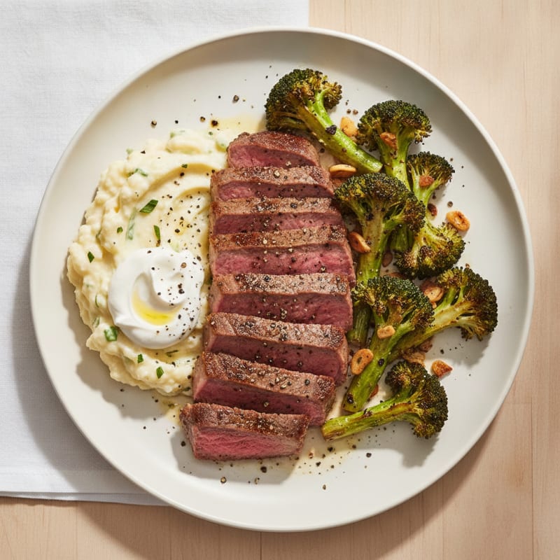 Seared Lean Beef with Roasted Broccoli and Cauliflower Mash