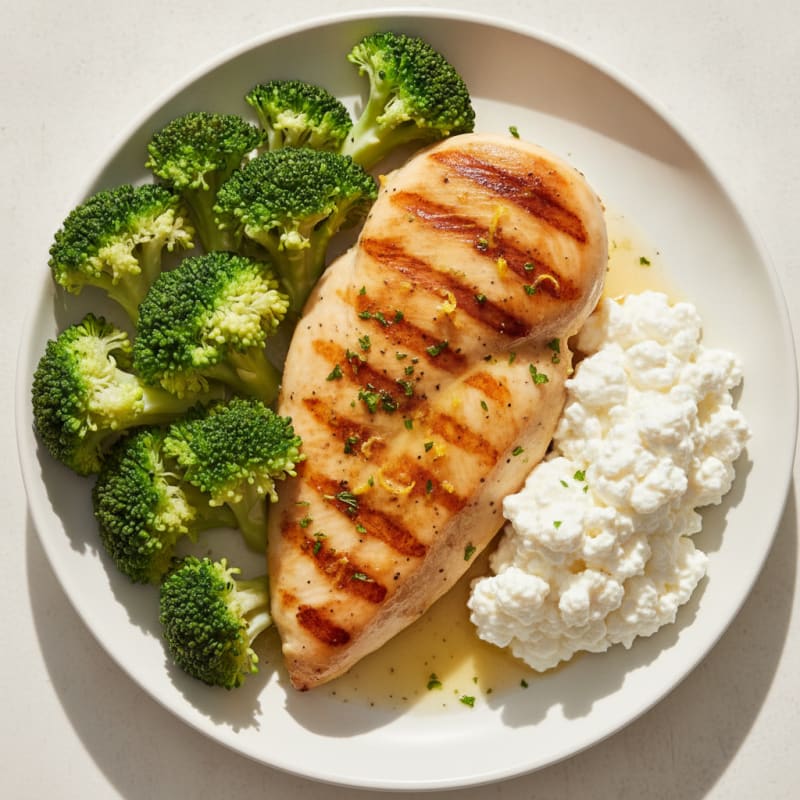 Grilled Chicken Breast with Steamed Broccoli and Cottage Cheese