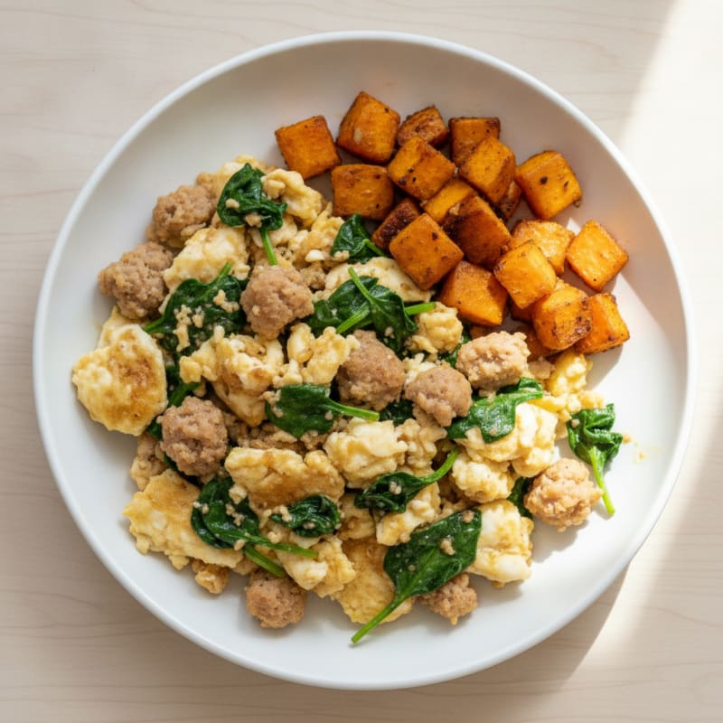 Egg White and Turkey Sausage Scramble with Sautéed Spinach