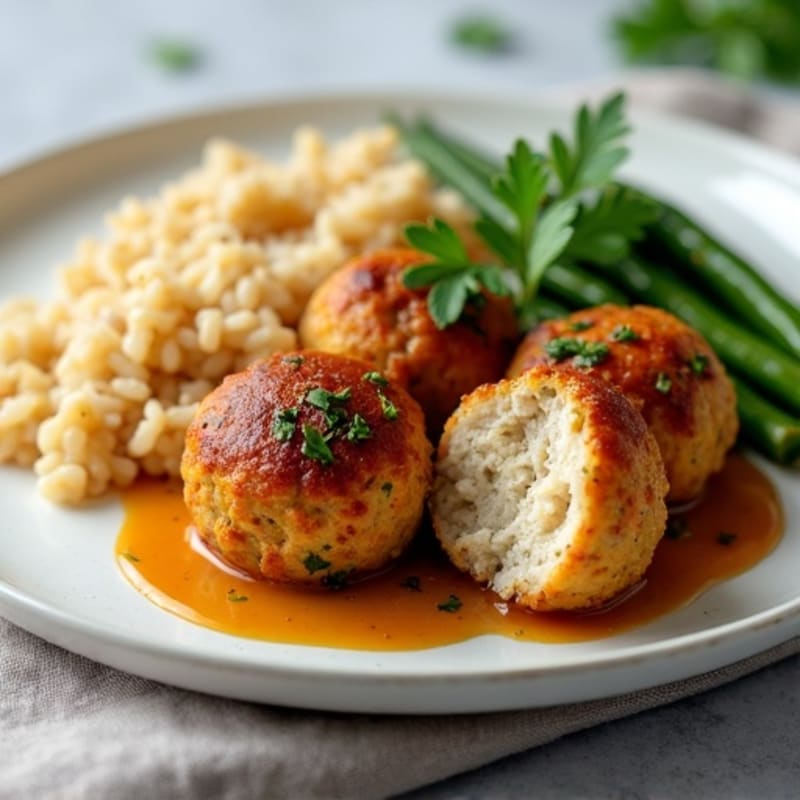 Baked Herbed Chicken Meatballs with Fluffy Brown Rice