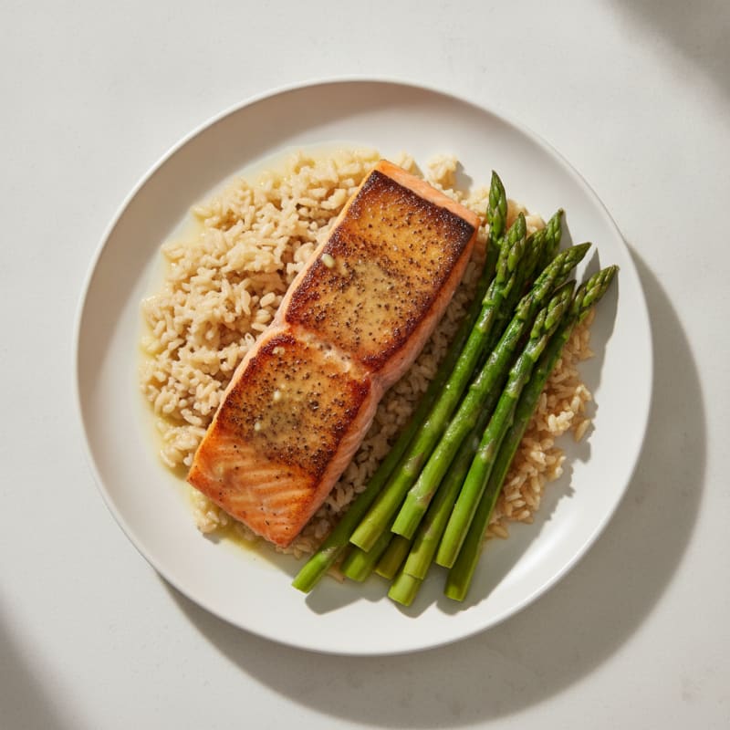 Seared Salmon with Steamed Asparagus and Brown Rice