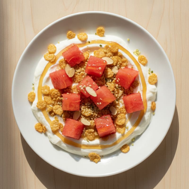 Creamy Greek Yogurt Bowl with Rice Flakes and Fresh Watermelon
