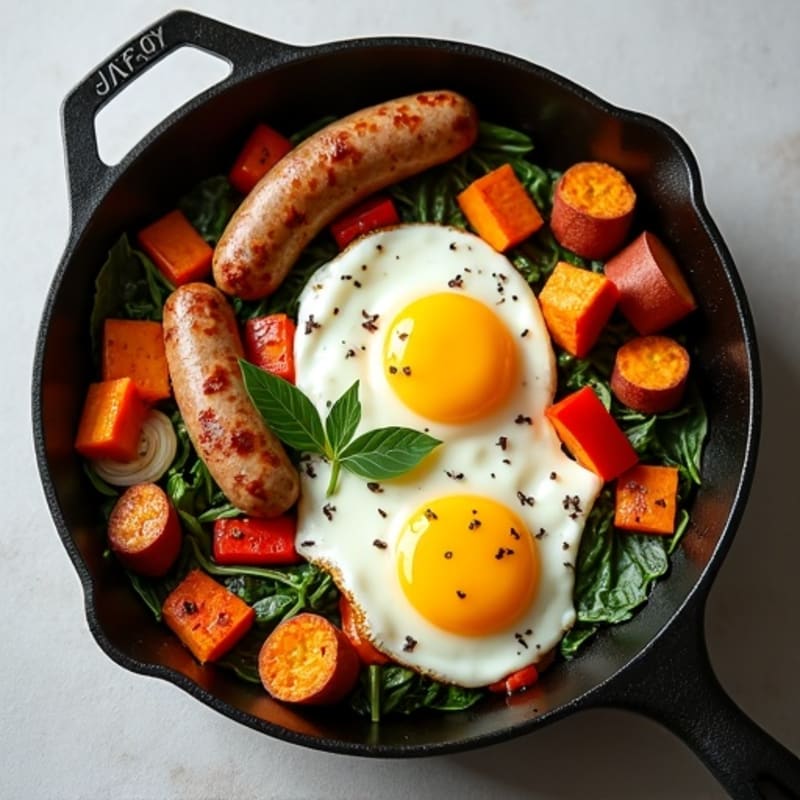 Savory Breakfast Skillet with Roasted Sweet Potatoes, Lean Chicken Sausage, and Eggs