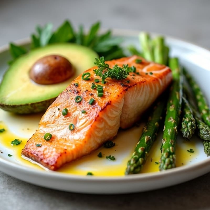 Pan-Seared Salmon with Creamy Avocado and Roasted Asparagus