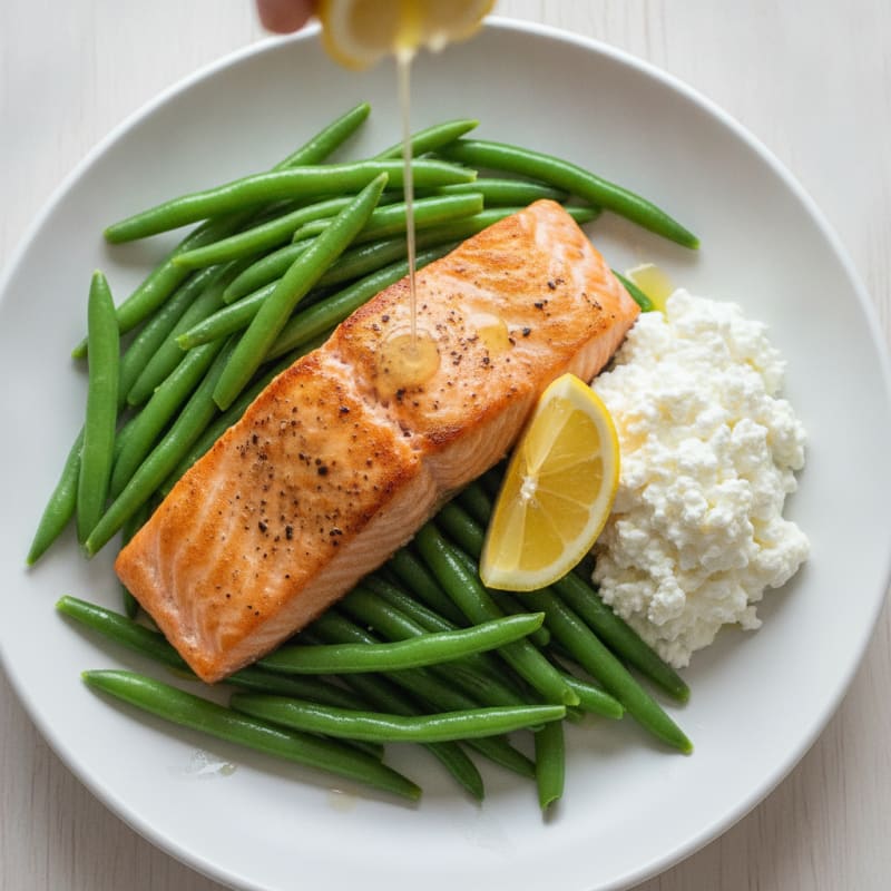 Pan-Seared Salmon with Steamed Green Beans and Cottage Cheese