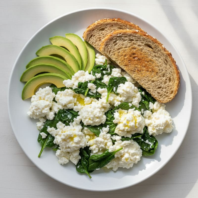 Egg White Scramble with Cottage Cheese and Sautéed Spinach
