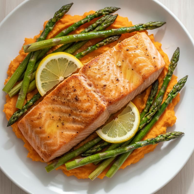 Seared Salmon Fillet with Roasted Asparagus and Sweet Potato Mash