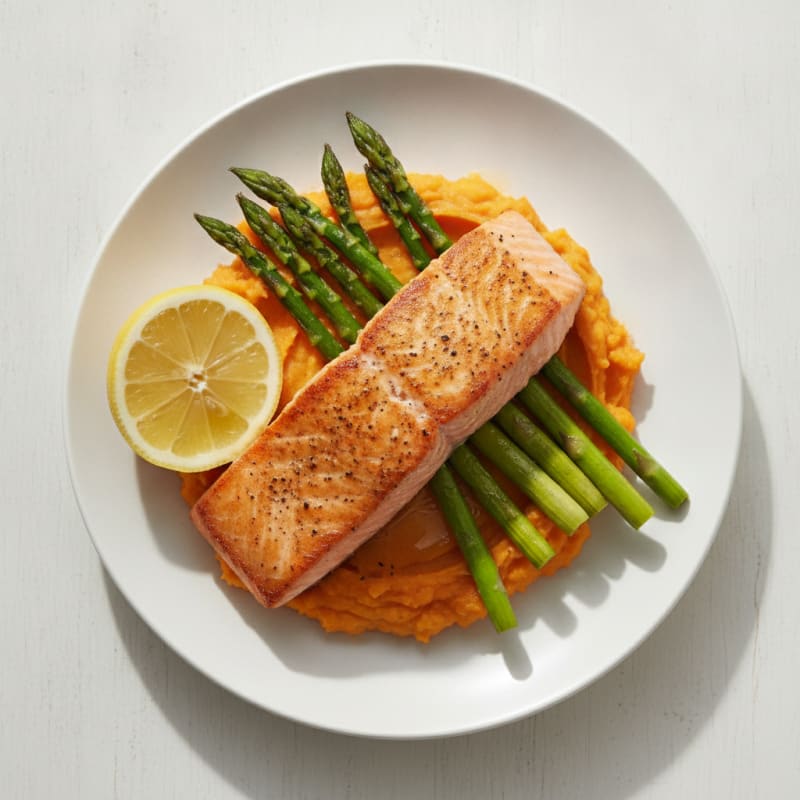 Seared Salmon with Roasted Asparagus and Sweet Potato Mash