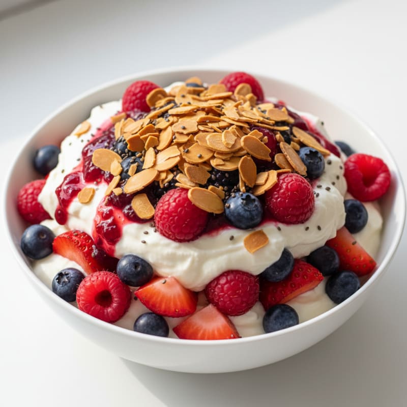 Greek Yogurt Protein Parfait with Mixed Berries and Almonds