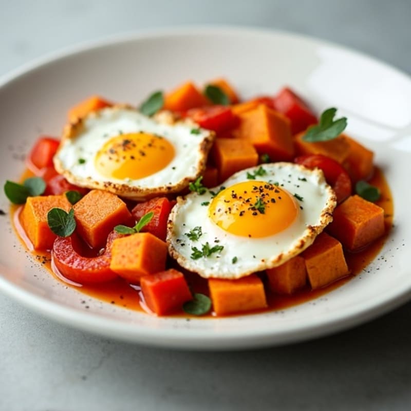 Crispy Sweet Potato and Bell Pepper Hash with Baked Eggs