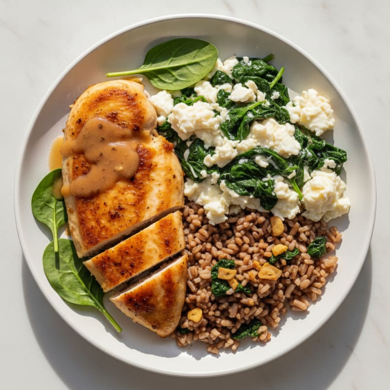 Crispy Chicken and Egg White Scramble with Spinach and Brown Rice