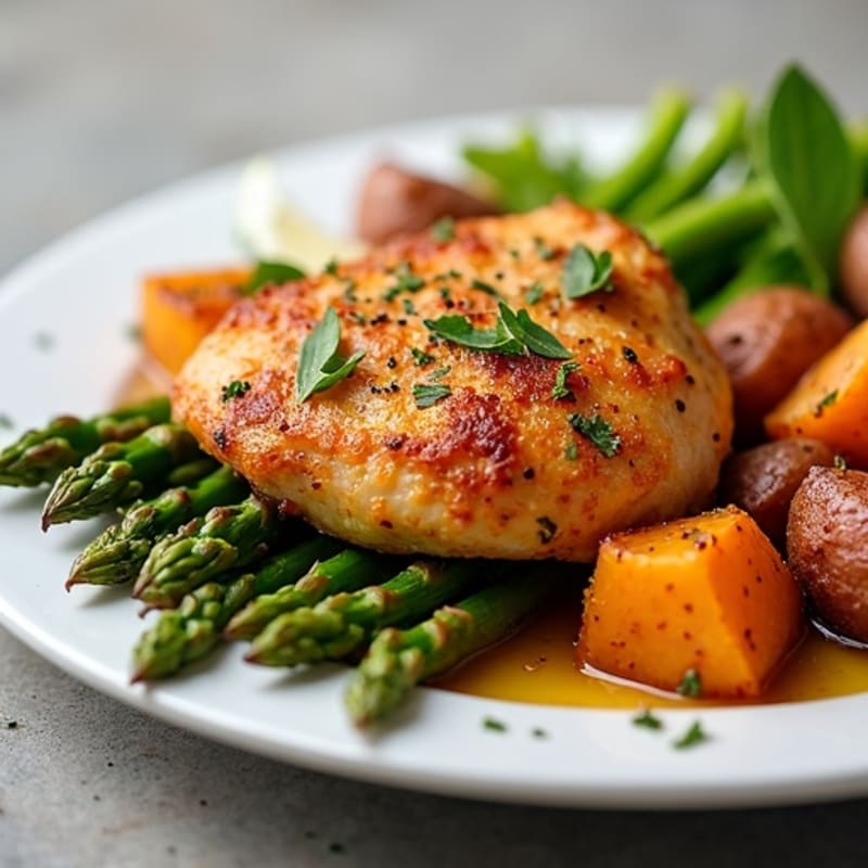 Crispy Lemon Herb Chicken Thighs with Roasted Asparagus and Sweet Potatoes