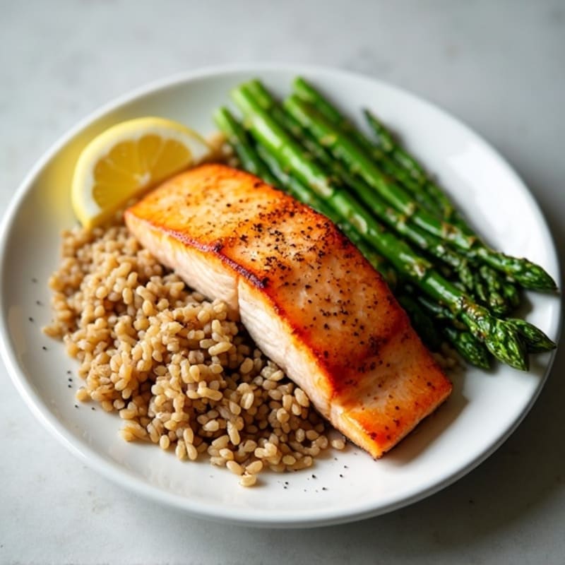 Seared Salmon with Steamed Asparagus and Brown Rice