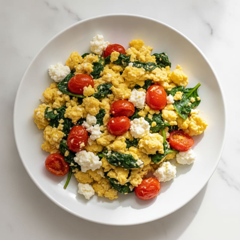 Cottage Cheese Egg Scramble with Spinach and Cherry Tomatoes