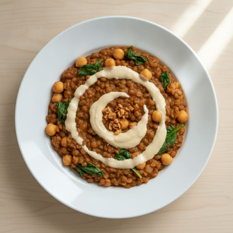 Lentil and Chickpea Stew with Spinach and Silky Cashew Cream