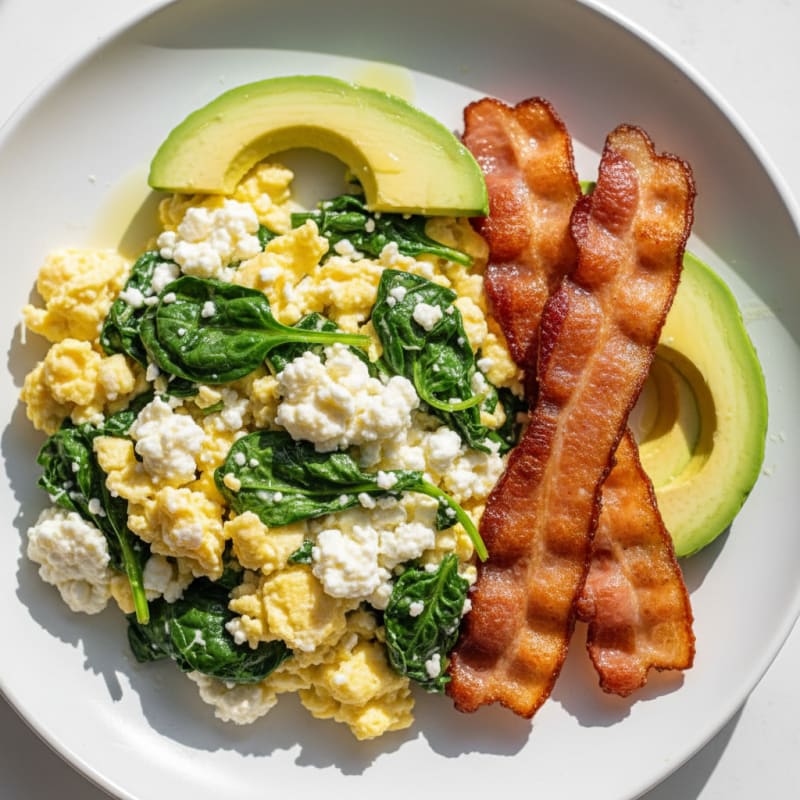 Cottage Cheese Egg Scramble with Spinach and Turkey Bacon