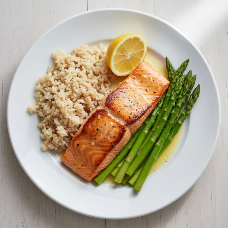Seared Salmon Fillet with Steamed Asparagus and Brown Rice