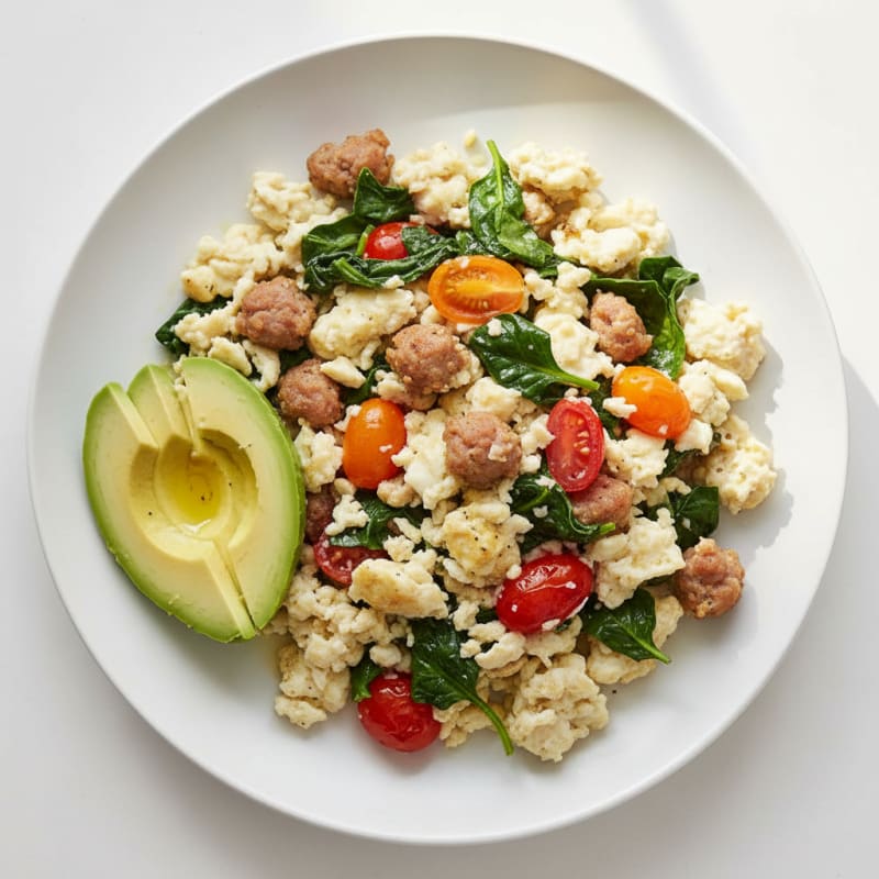 Egg White and Turkey Sausage Scramble with Spinach and Tomatoes