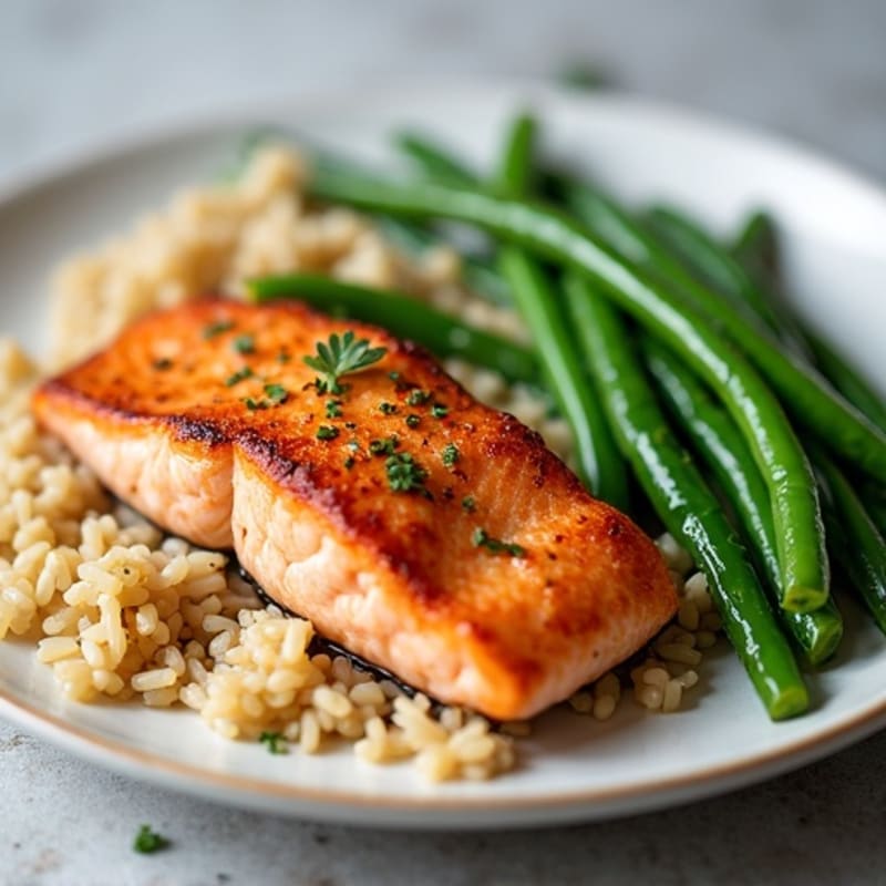 Seared Salmon with Garlic Green Beans and Brown Rice