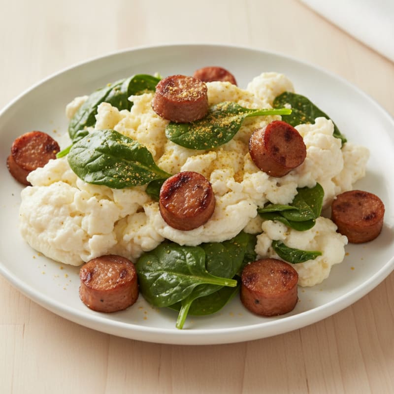 Egg White Spinach Scramble with Grilled Turkey Sausage