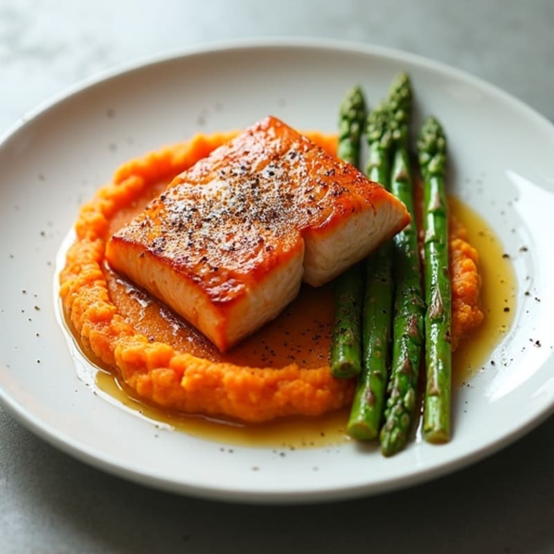 Seared Salmon Fillet with Roasted Asparagus and Sweet Potato Mash