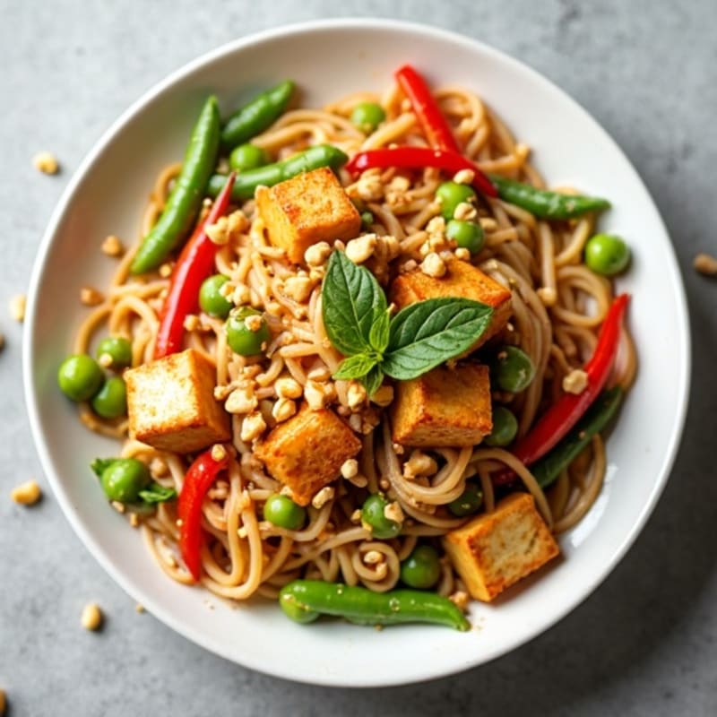 Creamy Vegan Thai Peanut Noodles with Crispy Tofu and Fresh Vegetables