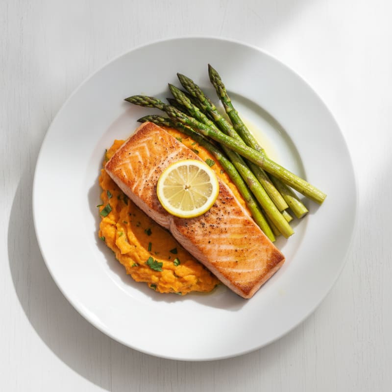 Seared Salmon Fillet with Roasted Asparagus and Sweet Potato Mash