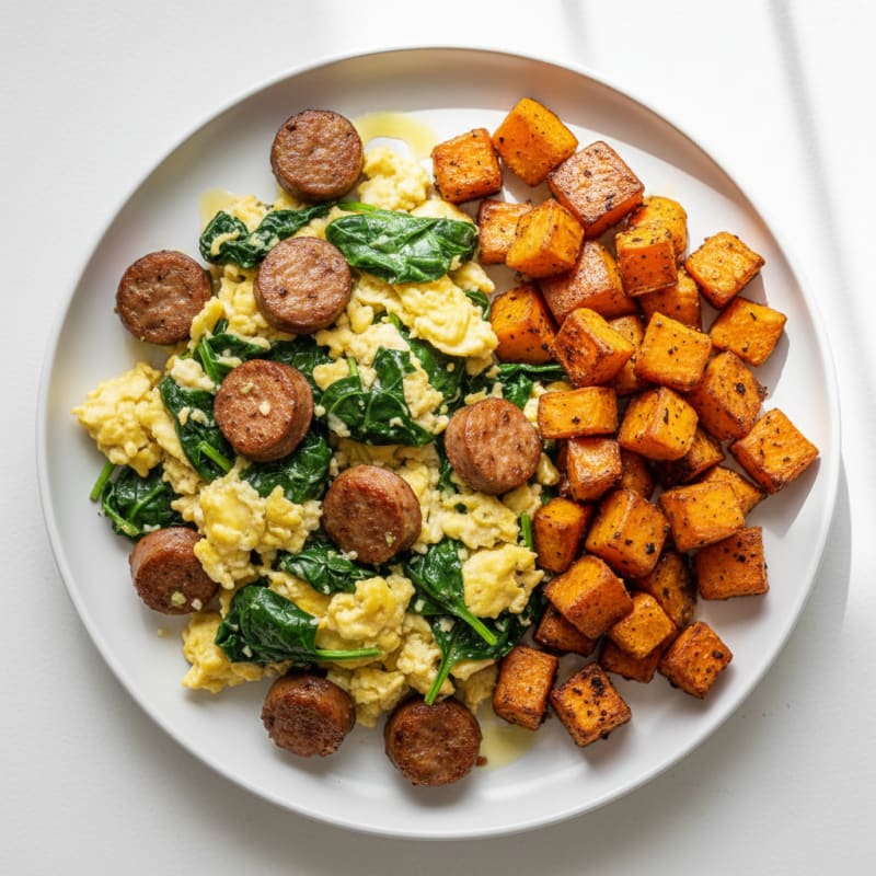 Crispy Turkey Sausage and Spinach Egg Scramble with Roasted Sweet Potatoes