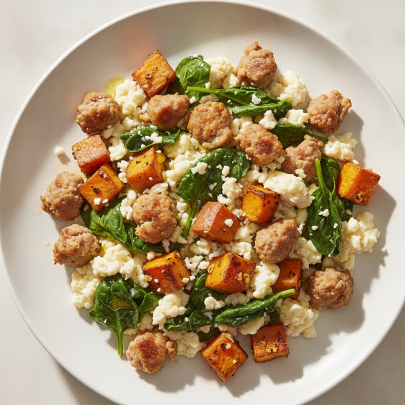 Crispy Turkey Sausage and Egg White Scramble with Spinach