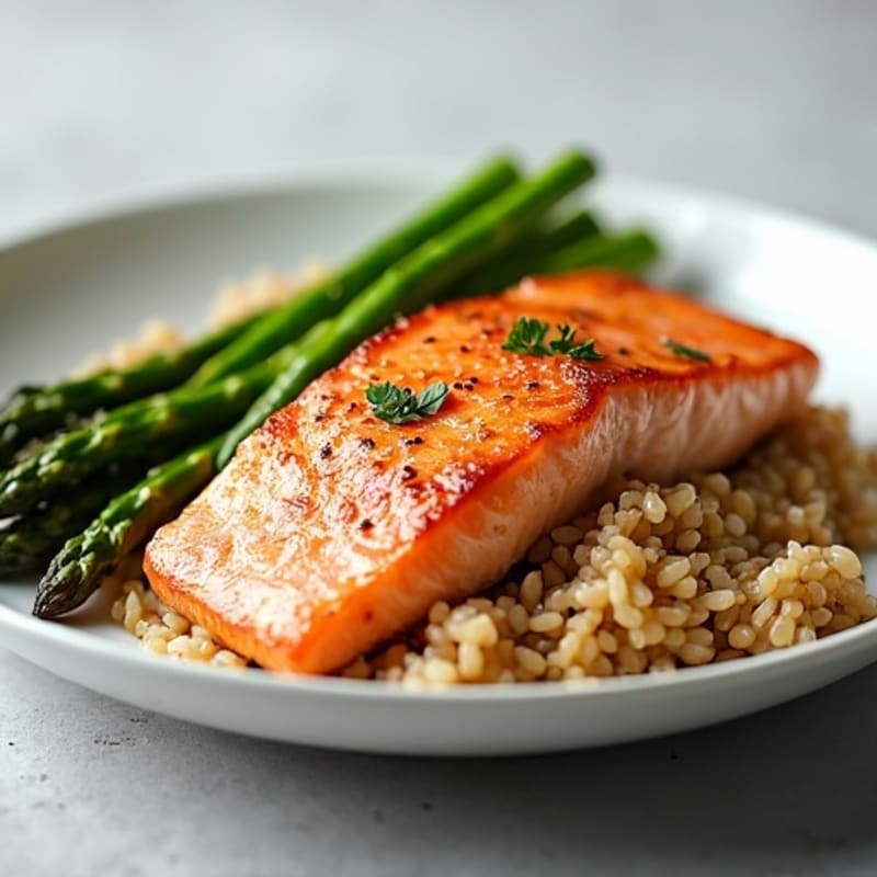 Seared Salmon with Steamed Asparagus and Brown Rice