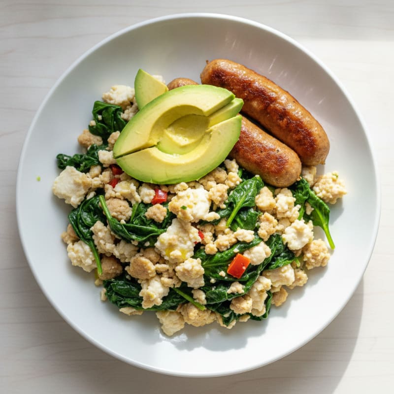 Egg White Scramble with Turkey Sausage and Sautéed Spinach