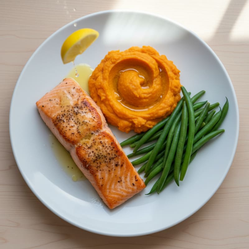 Seared Salmon with Steamed Green Beans and Sweet Potato Mash