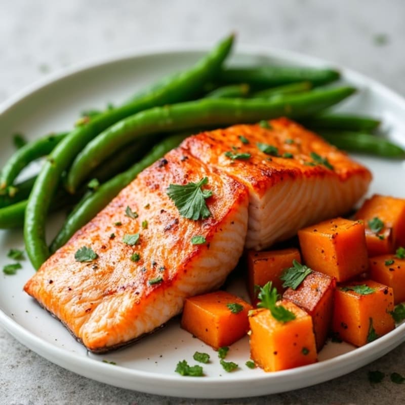 Seared Salmon with Roasted Sweet Potato and Green Beans