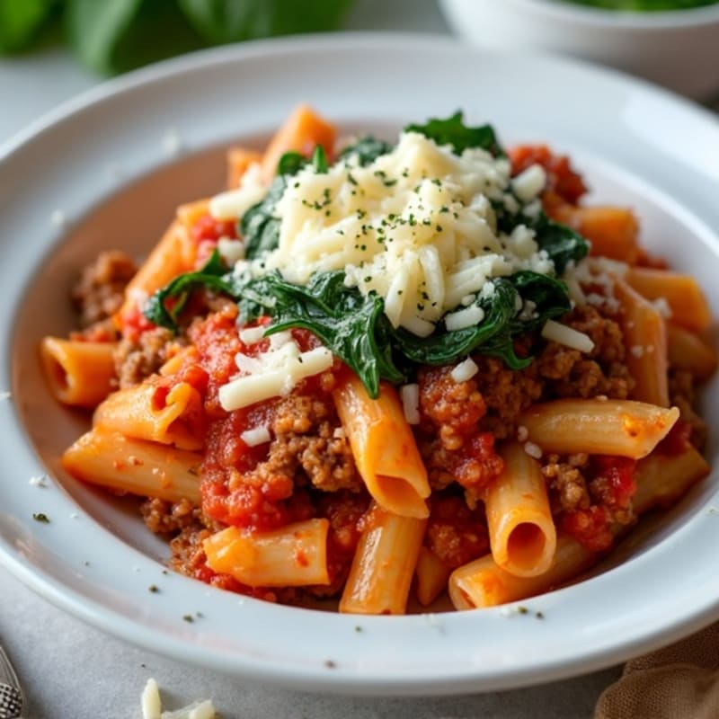 High-Protein Baked Ziti with Lean Ground Beef and Spinach