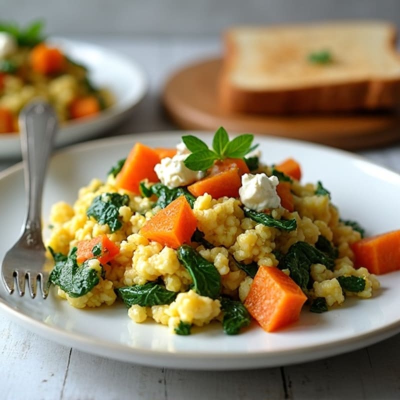 Egg White and Turkey Spinach Scramble with Roasted Sweet Potato