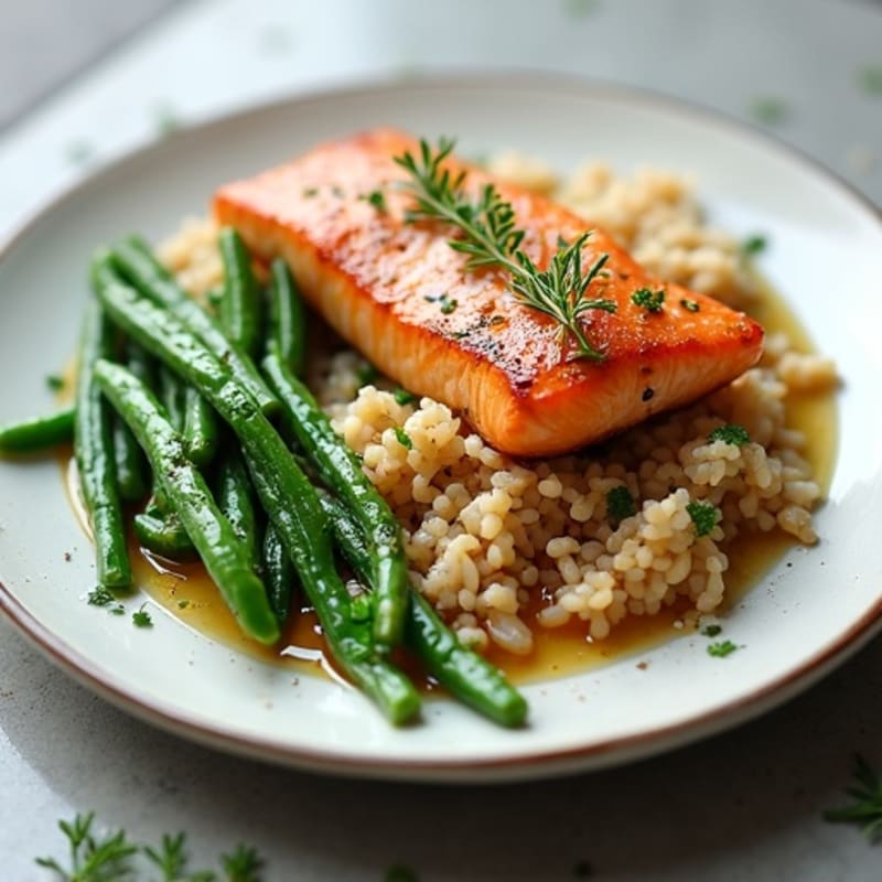 Seared Salmon with Garlic Green Beans and Brown Rice
