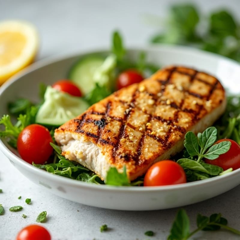 Grilled Chicken Breast with Crunchy Mixed Greens and Lemon Vinaigrette