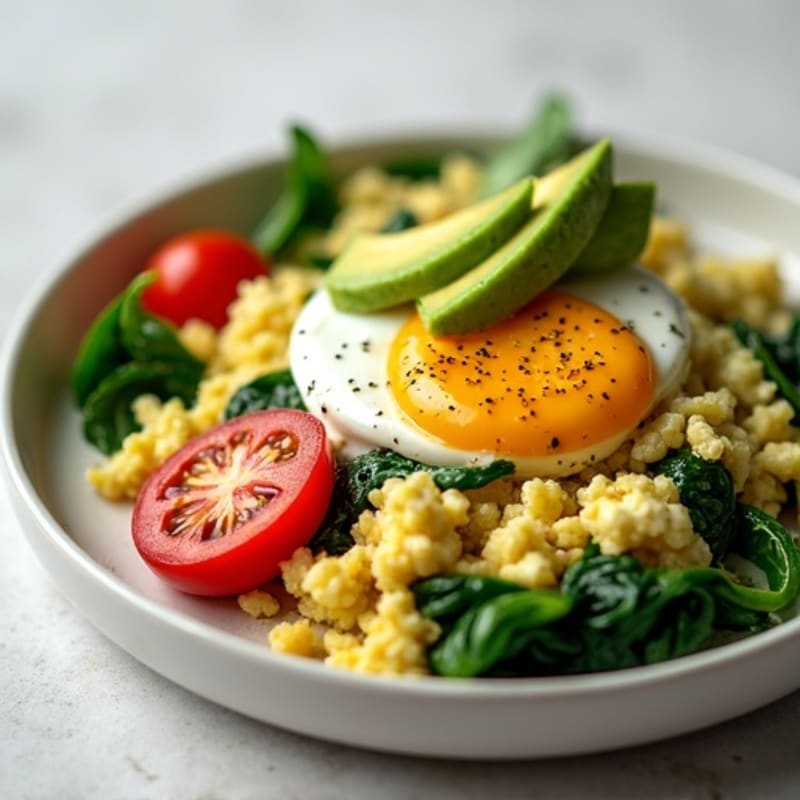 Cottage Cheese Egg Scramble with Spinach and Cherry Tomatoes