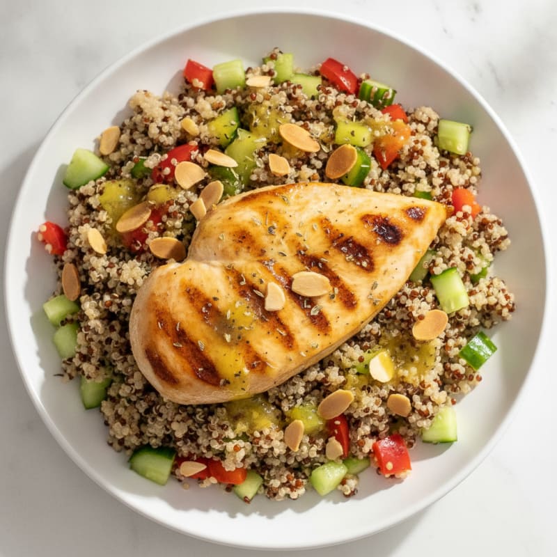 Grilled Chicken Breast with Crunchy Quinoa Salad and Lemon Vinaigrette