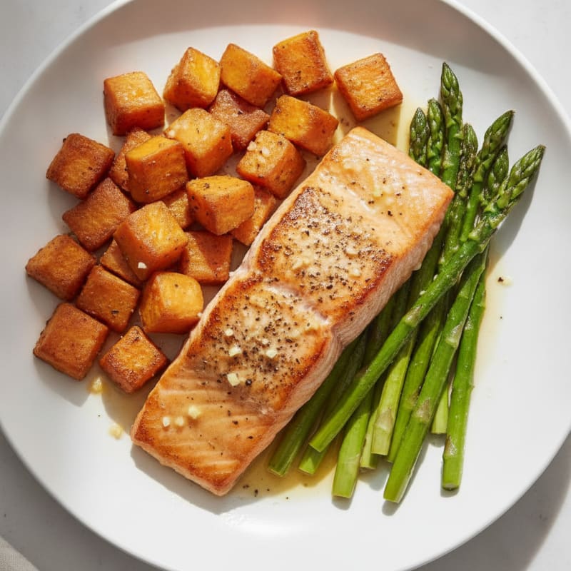 Seared Salmon with Roasted Sweet Potatoes and Asparagus