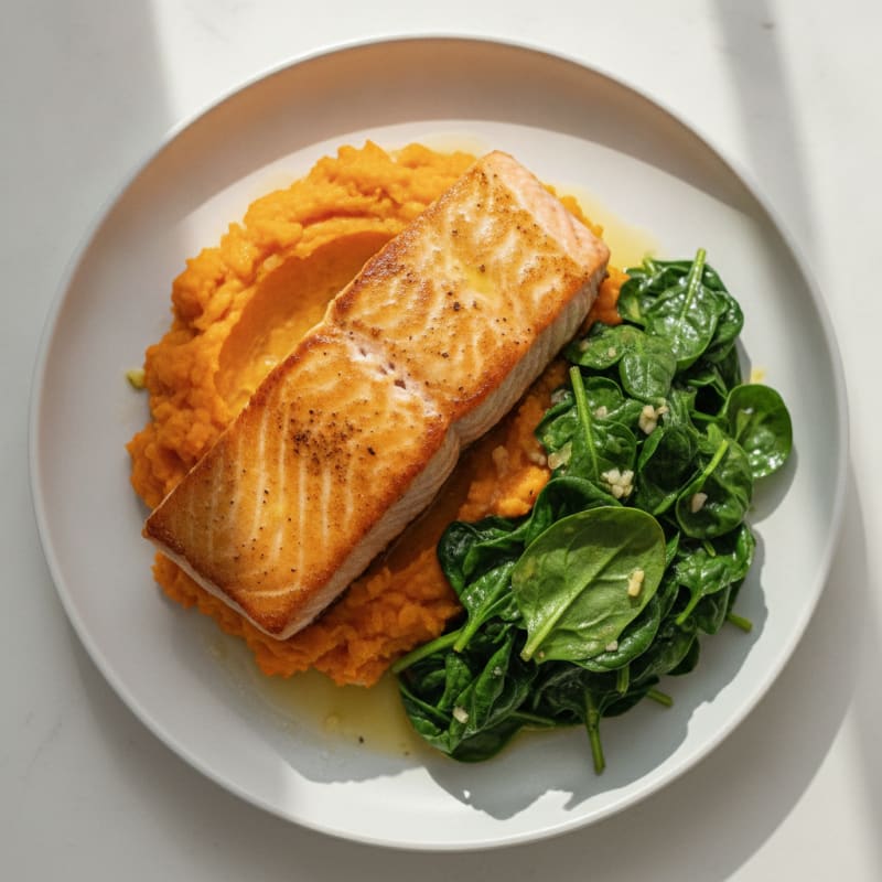 Seared Salmon with Garlic Spinach and Sweet Potato Mash