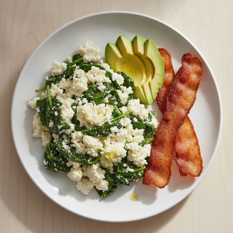 Egg White and Cottage Cheese Scramble with Spinach and Turkey Bacon