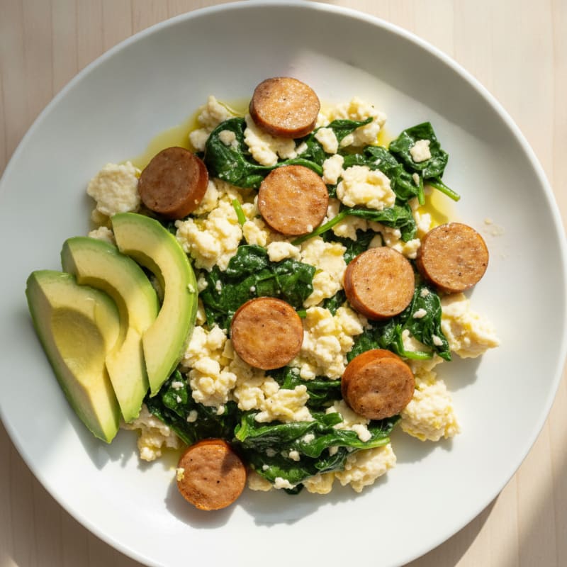 Egg White Scramble with Turkey Sausage and Sautéed Spinach