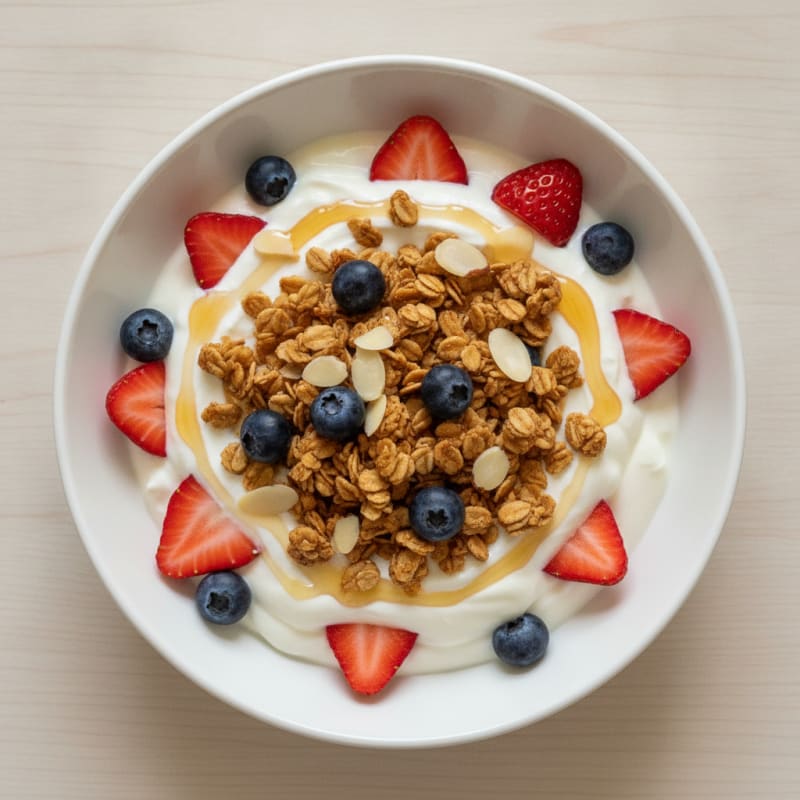Greek Yogurt Parfait with Crunchy Almond Granola and Fresh Berries