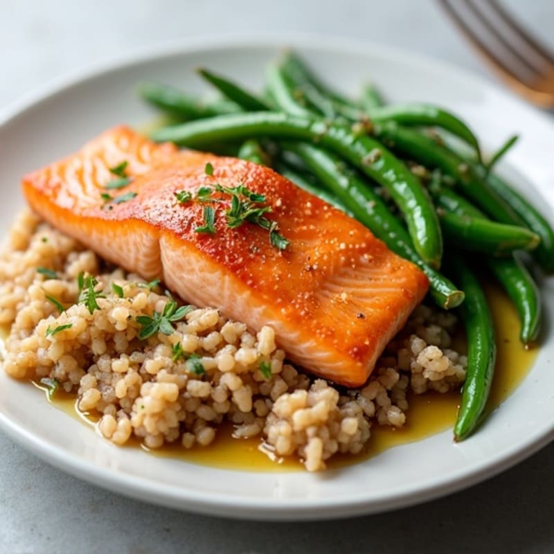 Seared Salmon Fillet with Steamed Green Beans and Brown Rice